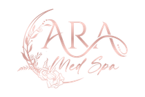 A logo for ara med spa with flowers and leaves on a white background.