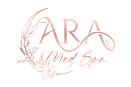 A logo for ara med spa with flowers and leaves on a white background.