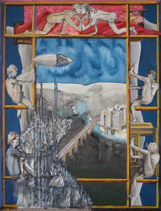 Schilderij van figuren die poseren binnen een rasterachtig kader tegen een donker landschap met een centraal zwevend object.