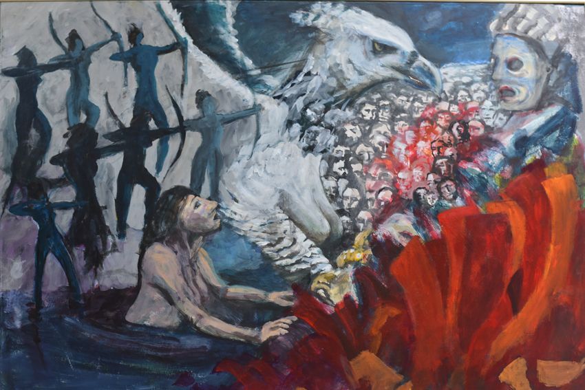 Een schilderij met een witte vogel, een persoon in het water, boogschutters op de achtergrond en een gemaskerde figuur.