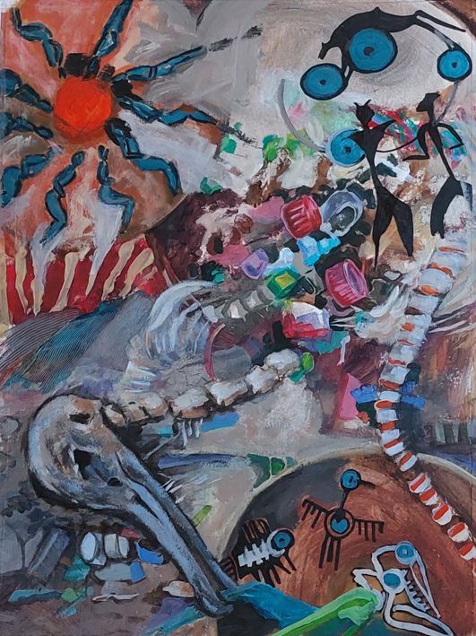 Abstract schilderij met een rode zon, skeletachtige vormen, kleine figuren en kleurrijke cirkelvormen.