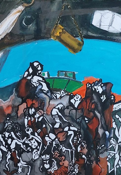 Abstract schilderij van gestileerde figuren in rood, wit en zwart, gegroepeerd onder een blauwe koepel met een gouden vorm.