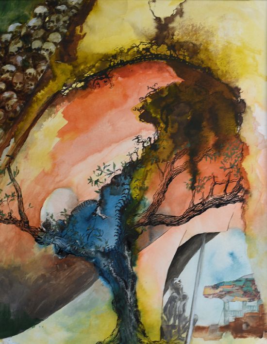 Een surrealistisch schilderij met een blauwe,  centrale vorm, een oranje lucht, donker gebladerte en een stenen constructie.