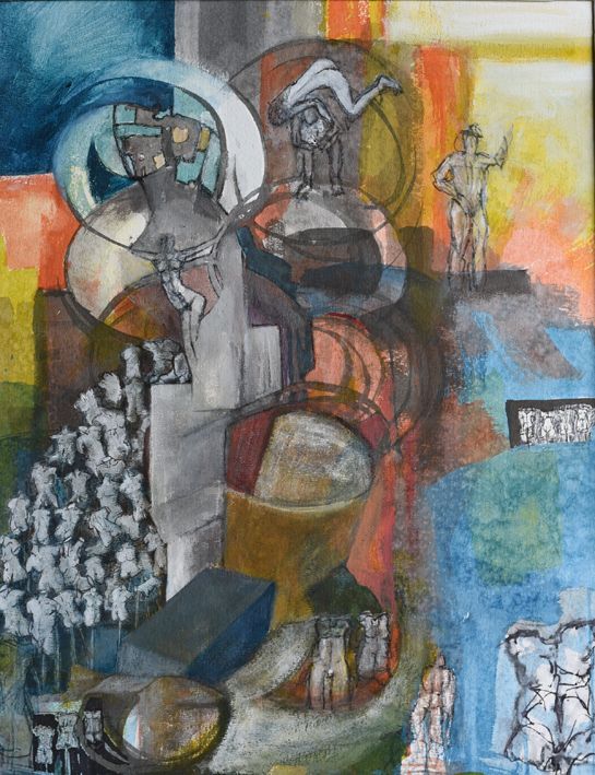 Abstract schilderij met geometrische vormen, gelaagde doorschijnende bollen en meerdere figuren in warme en koele tinten.