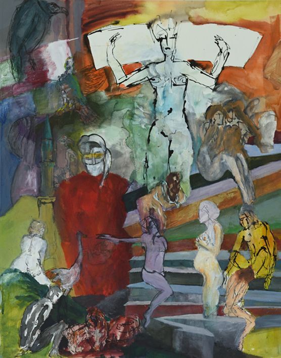 Aquarel met meerdere figuren in verschillende houdingen, rijk aan krachtige, gelaagde kleuren en expressieve lijnen.