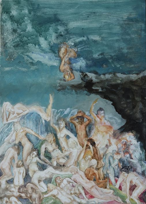 Een schilderij met vele figuren in beweging tegen een donkere, woelige zee en een rotsachtig landschap.