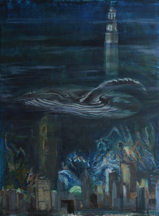 Een walvis zwemt door donkerblauw, diep water boven een onderwaterliggende, schimmige stad met hoge, onduidelijke gebouwen.