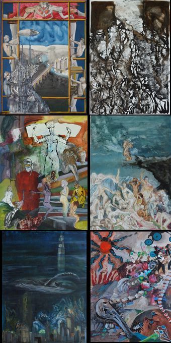 Een collage van zes surrealistische, expressieve schilderijen met vervormde figuren, abstracte landschappen en donkere, levendige kleuren.
