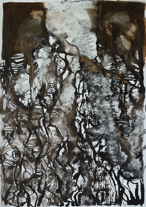 Een abstract schilderij met donkerbruine inktwassingen, gelaagde zwarte lijnen en gestructureerde witte vlakken.