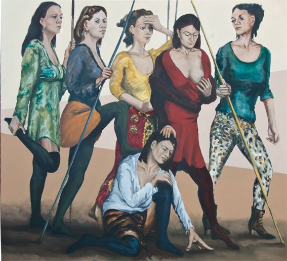 Een schilderij van zes figuren in verschillende houdingen; vijf staan ​​met stokken, terwijl één knielt op een bruine vloer.