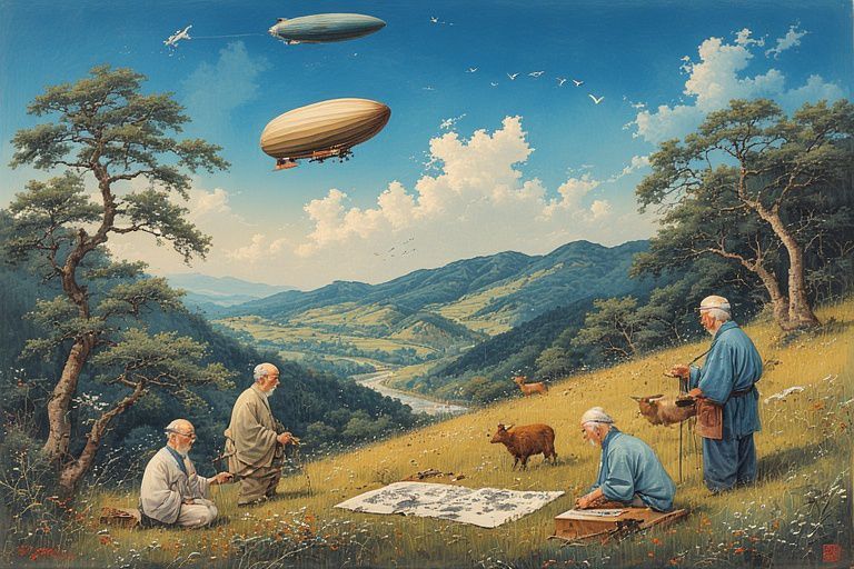 Vier mensen zitten op een grashelling en schetsen een vallei, terwijl zeppelins door een heldere, bewolkte blauwe hemel zweven.