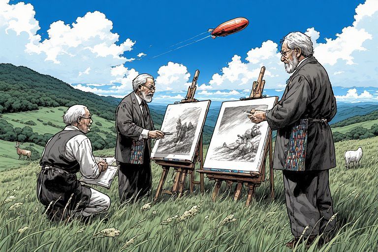 Drie kunstenaars schilderen op schildersezels in een grasrijk, heuvelachtig landschap met in de blauwe hemel een zeppelin.