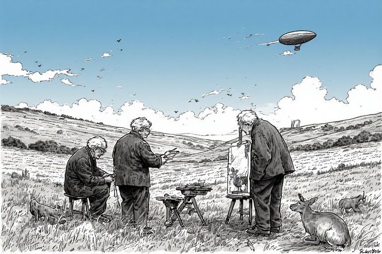 Drie mensen schilderen in een grasveld met een luchtschip in de lucht en een klein dier op de voorgrond.