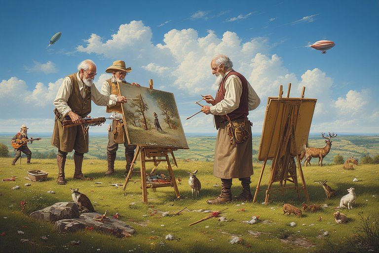 Drie mensen schilderen  op schildersezels in een grasveld, met zwevende luchtschepen erboven en dieren in de buurt.
