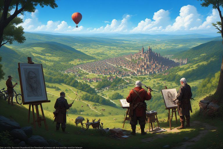 Vier kunstenaars schilderen een middeleeuwse stad in een groene vallei onder een heldere hemel met een heteluchtballon.