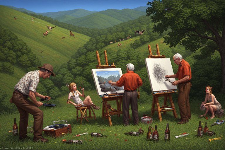 Mensen schilderen met schildersezels een grasrijk, heuvelachtig landschap buiten in een landelijke omgeving.