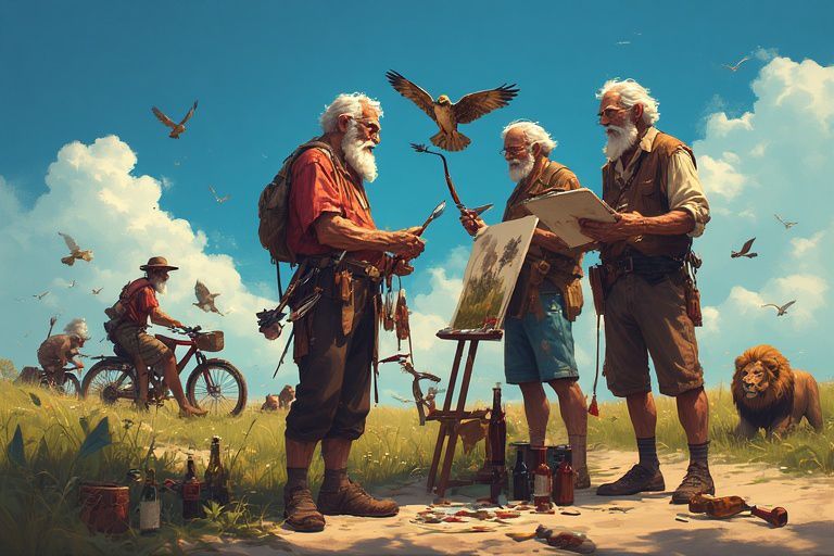 Drie mensen schilderen in een buitenlandschap met vogels, een fiets en een leeuw, alles onder een helderblauwe hemel.