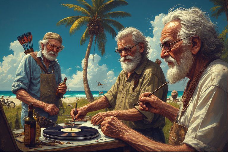 Op een tropisch strand werken drie mensen samen om een ​​vinylplaat te etsen of te beschilderen .