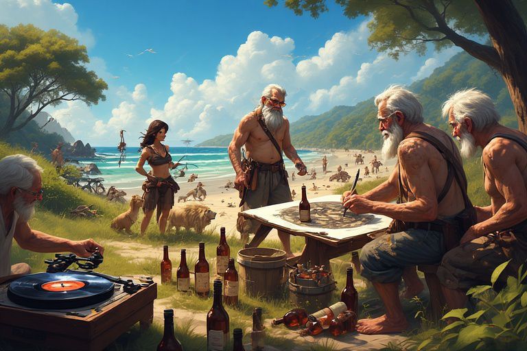 Mensen met witte baarden tekenen ontspannen op een zonnig strand en drinken uit flessen in de buurt van een platenspeler.