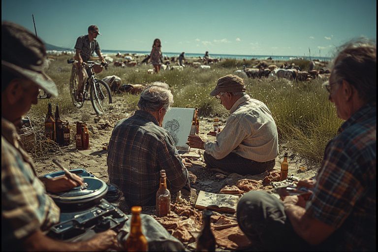 Kunstenaars schilderen  op een zonnig, grasrijk strand, met een toeschouwer tussen hen in.