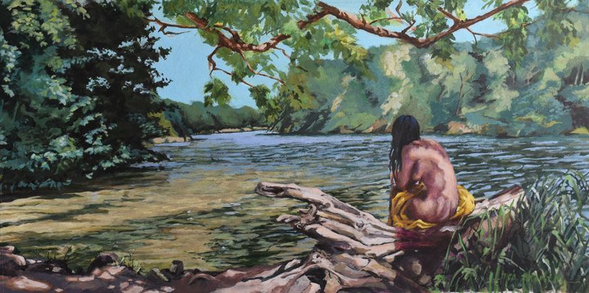 Krumme Lanke, acryl, 95 x 49 cm, 3500€ Een persoon zit op een boomstam aan de oever van een rivier in een zonnig, bosrijk landschap.