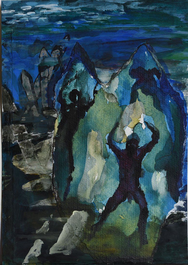 Een donkere acryl toont silhouetten van figuren die grote, grillige, gloeiende blauwe kristalvormen optillen.