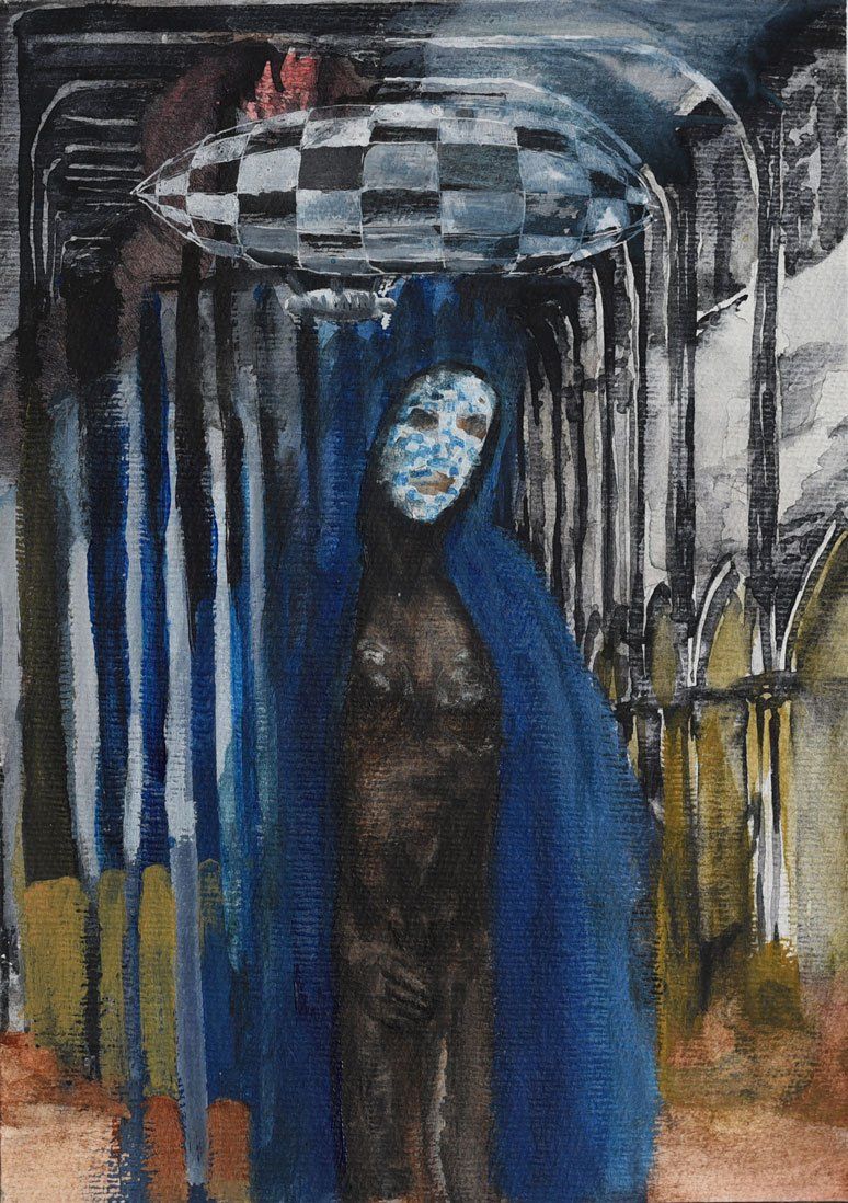 Een schilderij toont een figuur met een blauw patroongezicht, gedrapeerd in blauw en omlijst door geblokte vormen.