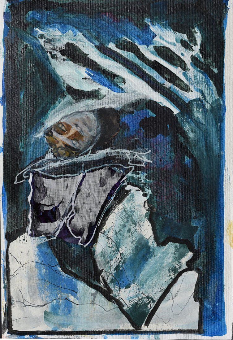 Abstract expressionistisch schilderij met gelaagde witte, blauwe en zwarte vormen die een figuur in profiel suggereren.