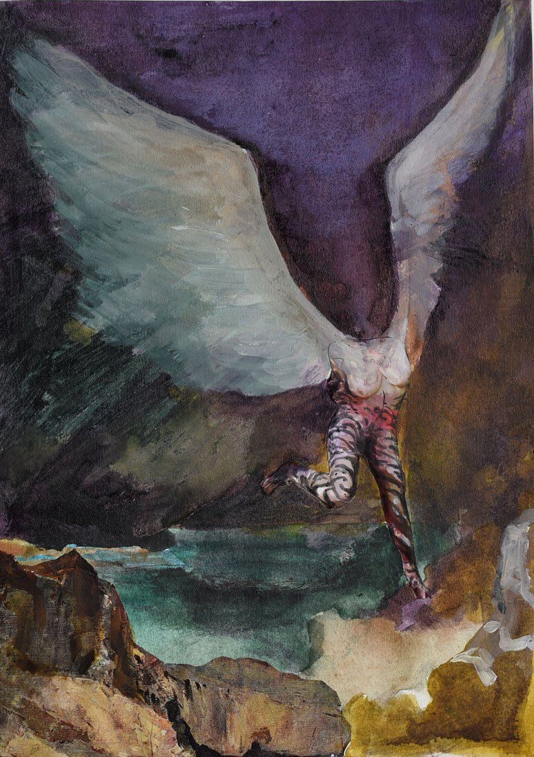 Een aquarel toont een gevleugelde figuur met poten met patronen die afdaalt naar rotsachtig terrein boven donker water.