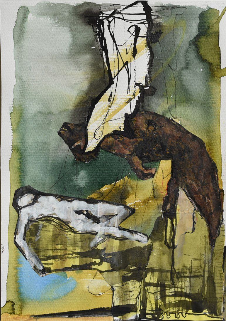 Abstracte aquarel van een bleke, liggende figuur onder een donker, gevleugeld wezen op een gedempte groen-gouden achtergrond.