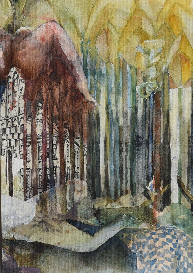 Abstracte aquarel met verticale lijnen, donkerrode texturen en een geelachtig architectonisch plafond.