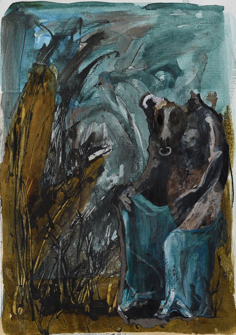 Een abstracte aquarel  toont een donkere, schimmige figuur, zittend in een blauw gewaad, tegen een stemmige achtergrond.