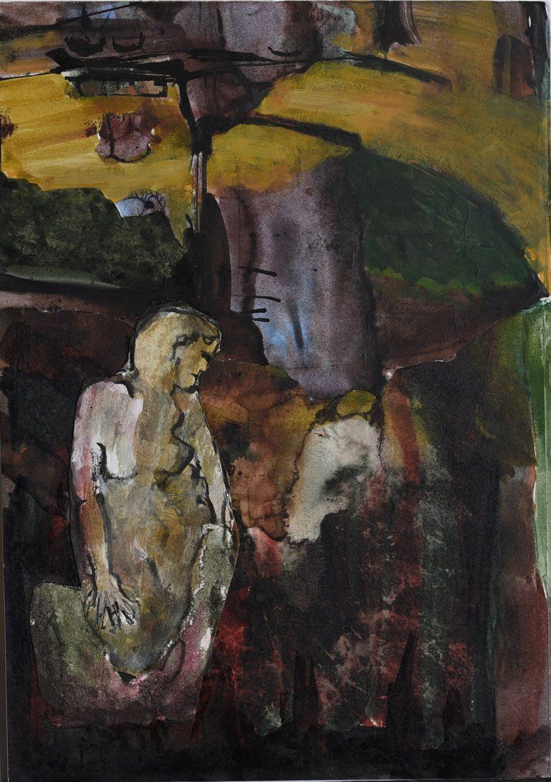 Een expressief schilderij toont een zittende figuur naast een donkere, abstracte vorm in een landschap met gedempte tinten.