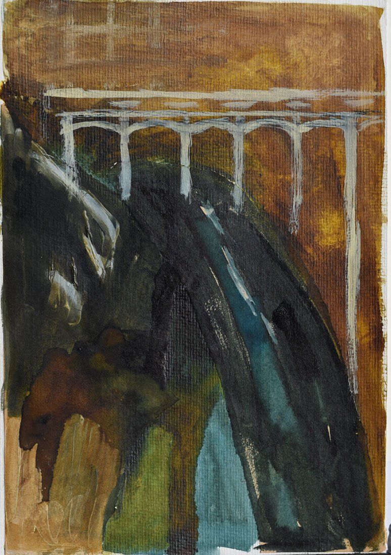Een schilderij met een witte brugconstructie tegen een achtergrond van donkere, schilderachtige vormen en een bruine lucht.