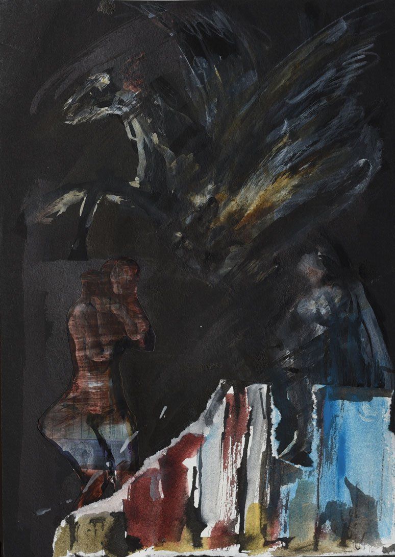 Een expressief, donker schilderij waarop twee figuren staan ​ met daarboven een grote, gevleugelde vorm.