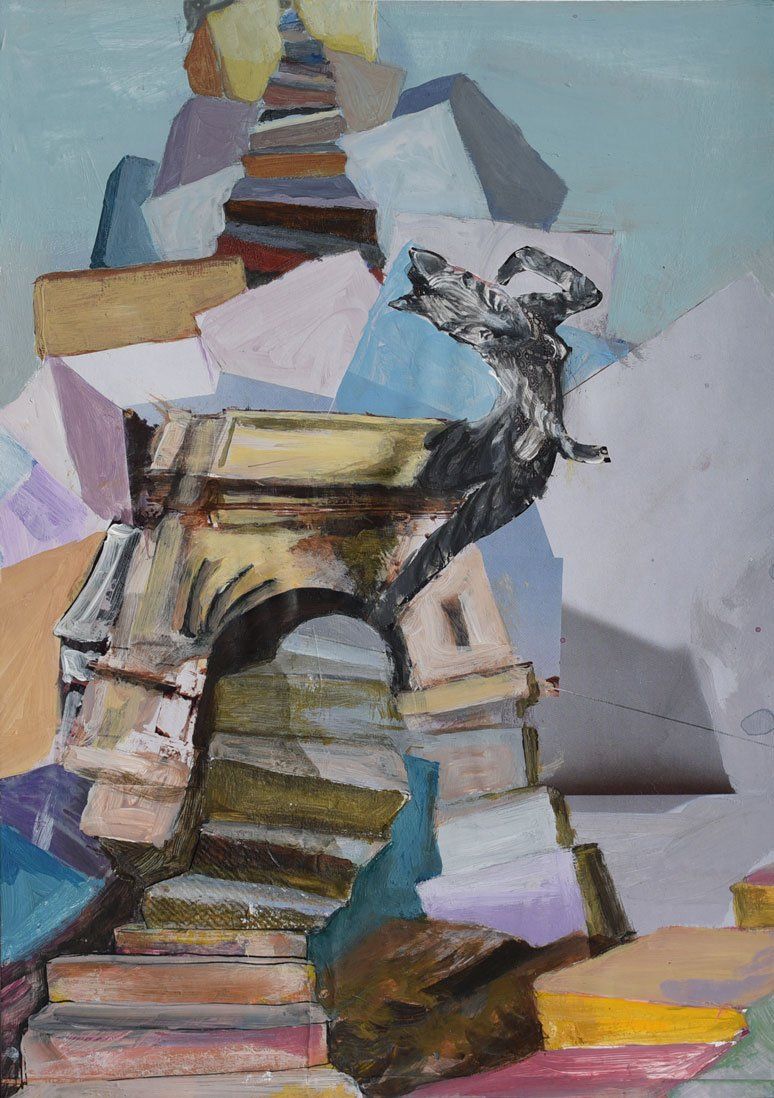 Een abstracte collage met een stenen boog en een waterspuwer erop, omgeven door geometrische vormen in gedempte tinten.