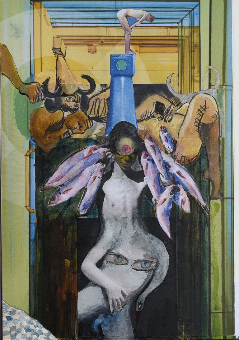 Surrealistisch schilderij: een figuur versierd met vissen, een kleine zwemmer erboven en vervormde figuren.