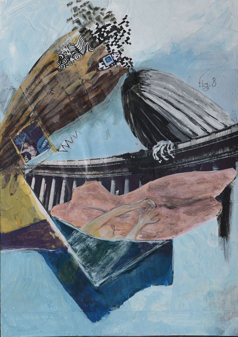 Abstracte collage van gemengde technieken met een donkere, zeppelin en een gedempte blauwe achtergrond.