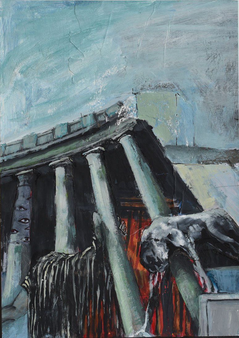 Een schilderij met textuur, waarop een donker, ineengedoken wezen te zien is onder klassieke zuilen tegen een bleke hemel.