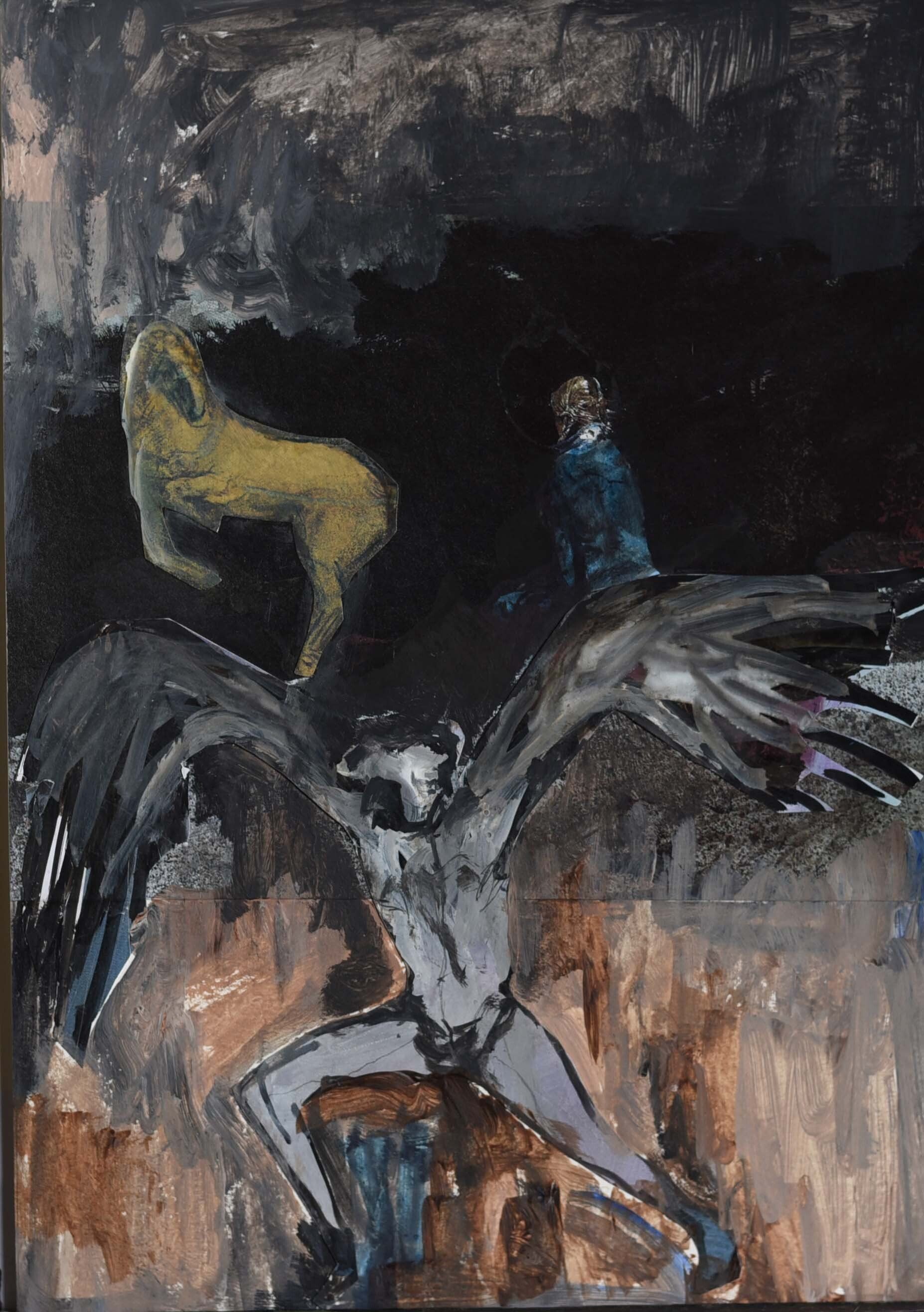 Een schilderij met op de voorgrond een donkere, gevleugelde figuur, met daarachter een gouden vorm en een blauwe figuur.
