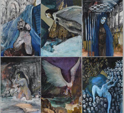 ga naar het overzicht van het Pandora-project Een collage van zes surrealistische, duistere schilderijen met figuren, vleugels, skeletten en gotische architectonische elementen.