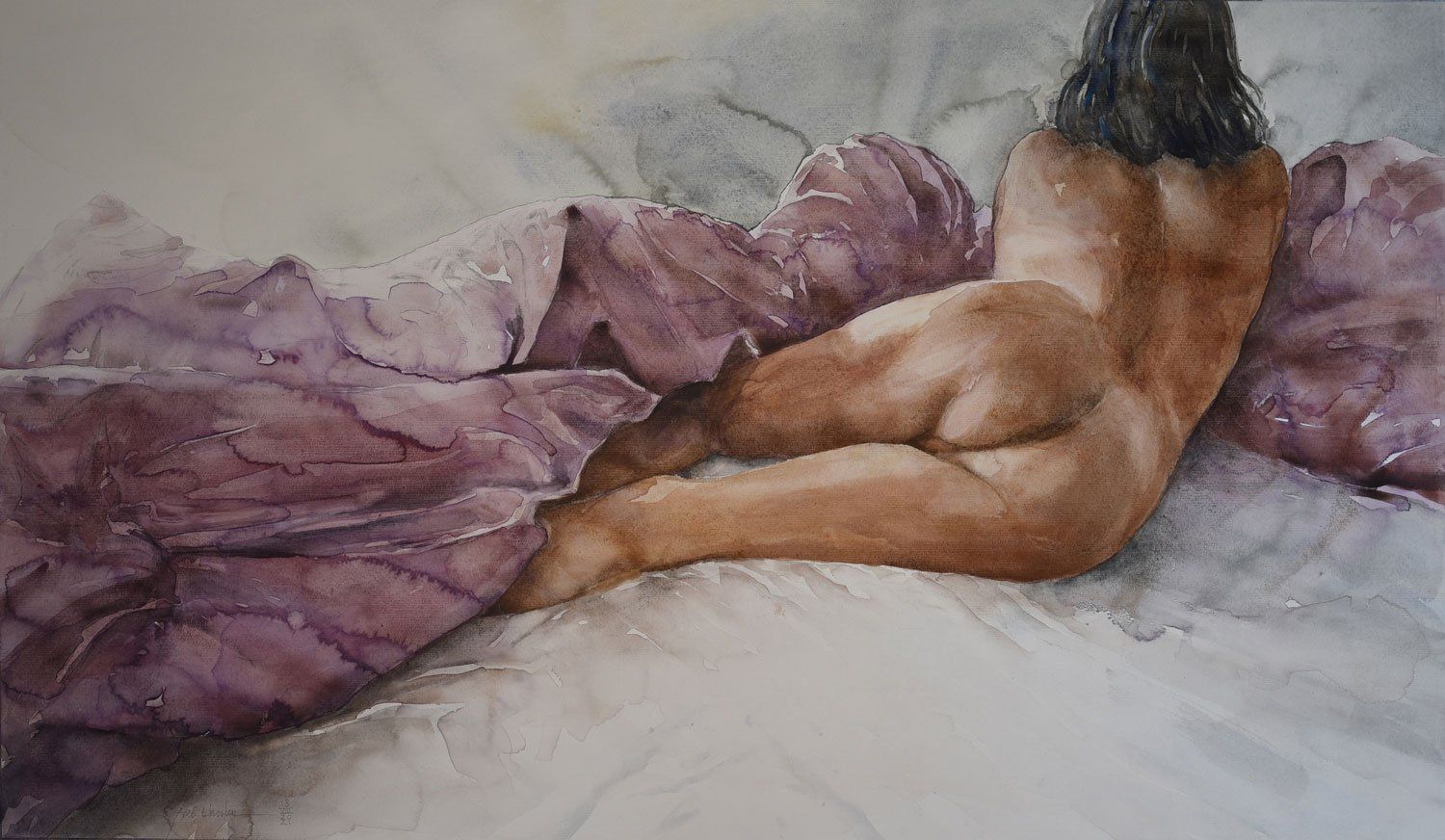 aquarel, 145 x 80 cm, 1850,- € Een aquarel van een persoon die op zijn zij in bed ligt, gedeeltelijk bedekt met paarse dekens.