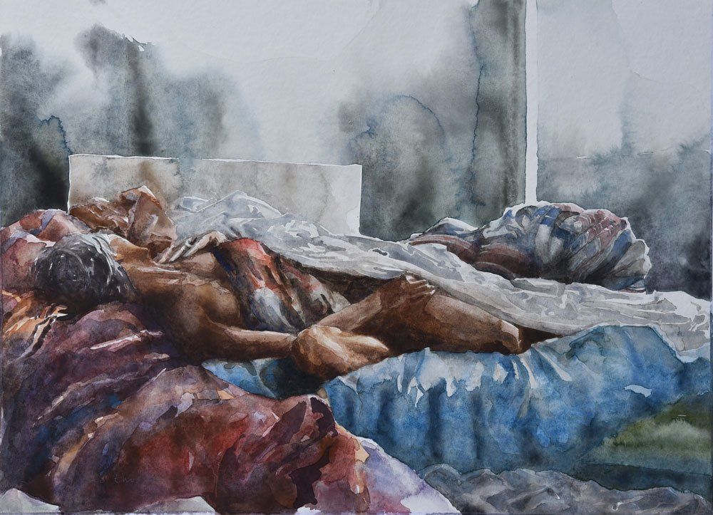 aquarel, april 2021, 50 x 70 cm. (verkocht ) Een aquarel toont een figuur die opgerold ligt te slapen onder een verfrommeld wit laken, omringd door kleurrijke, gevouwen stof.