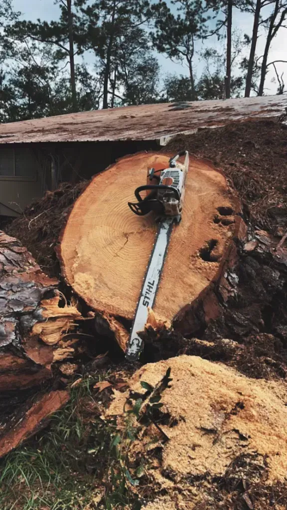 Chainsaw resting against a freshly cut tree stump in a logged forest area.