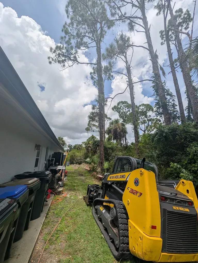 Yellow tracked loader beside a house, with green brush and tall trees in the background.
