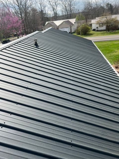 Dark metal roof with a vent, viewed from above in a suburban neighborhood.