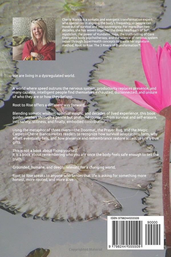 Woman smiling beside a pink flower on a stone-textured cover with white text and a barcode
