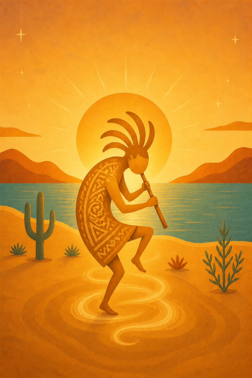 Kokopelli flute player dancing at sunset in a desert oasis with cacti and mountains