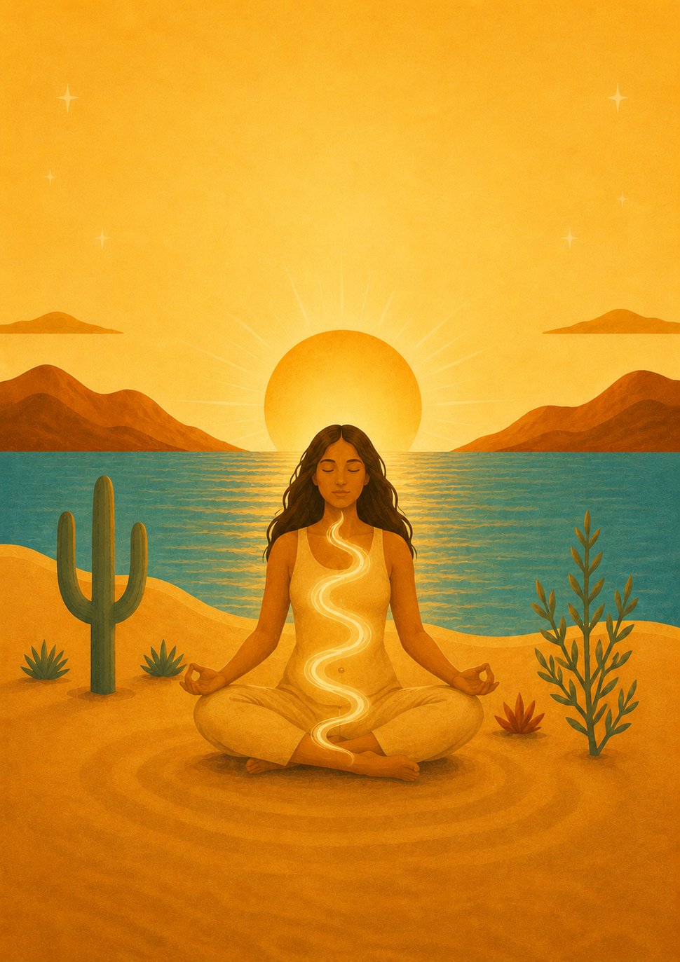 Person meditating by a desert lake at sunset, glowing with golden light and surrounded by cacti.