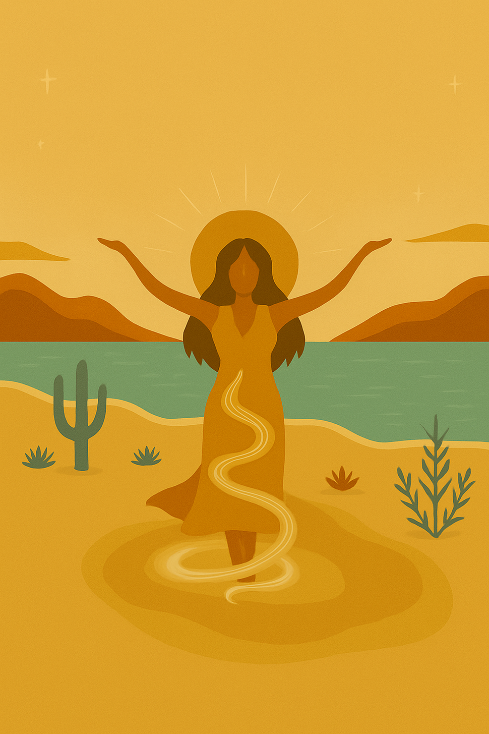 Silhouette in a flowing dress standing in a desert with cacti, mountains, and a sunset sky